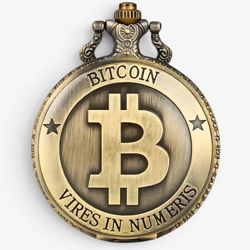 Antique brass bitcoin pocket watch with bitcoin symbol and vires in numeris engraving on the circular face