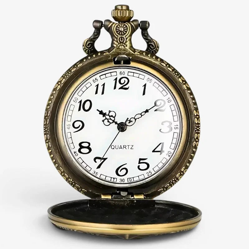 Antique brass-finished bitcoin pocket watch with white dial black arabic numerals and ornate engraved casing
