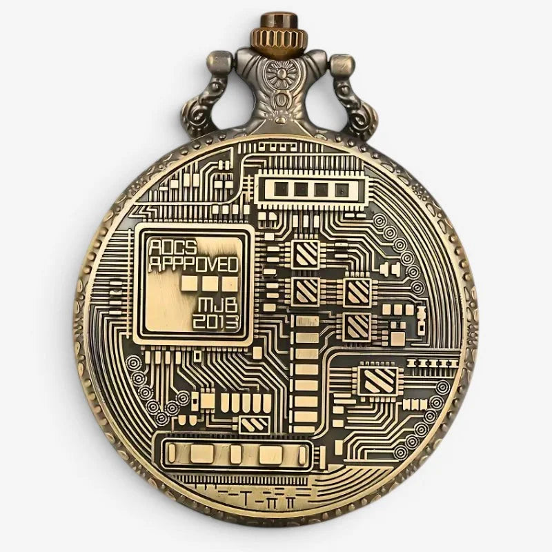 Antique brass bitcoin pocket watch with intricate circuit board design and engraved aocs approved m.j.b 2013 label