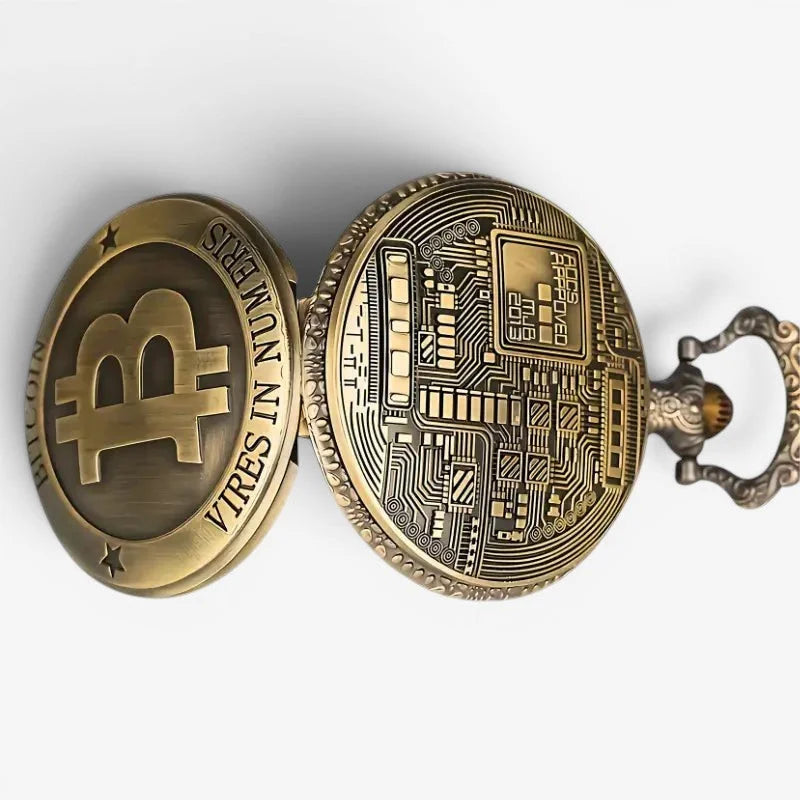 Antique brass bitcoin pocket watch with engraved bitcoin symbol and vires in numeris on front face and circuit pattern back