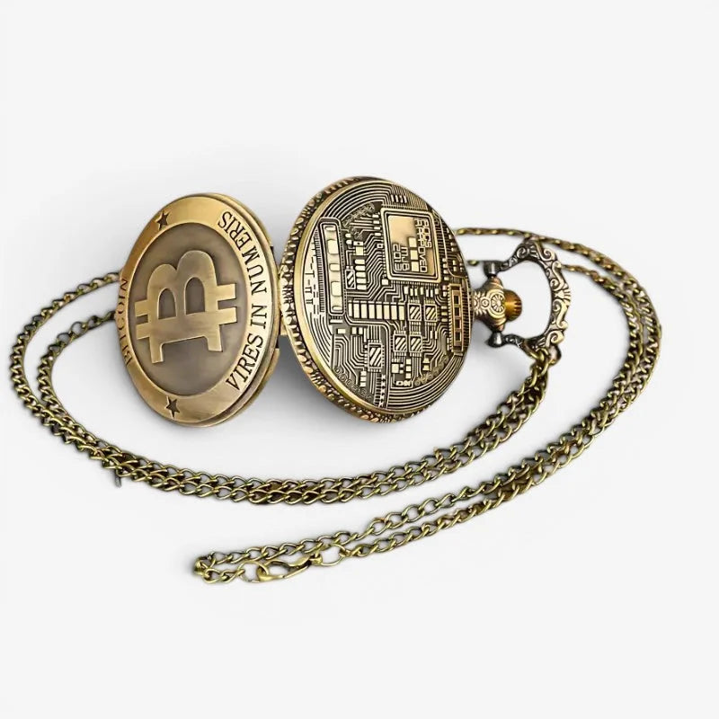 Antique brass bitcoin pocket watch with intricate circuit board design and engraved bitcoin on the front