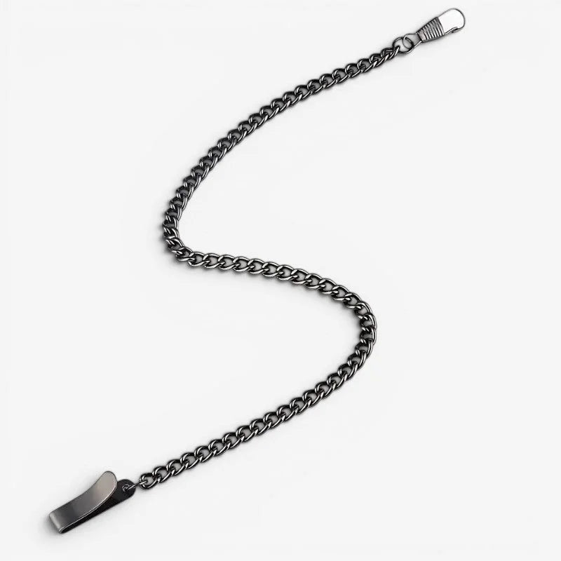 Black clip pocket watch chain with blackened stainless steel links clip and flat curved metal end piece