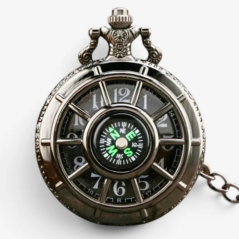 Black compass pocket watch in antique silver tone with compass face and nautical wheel design