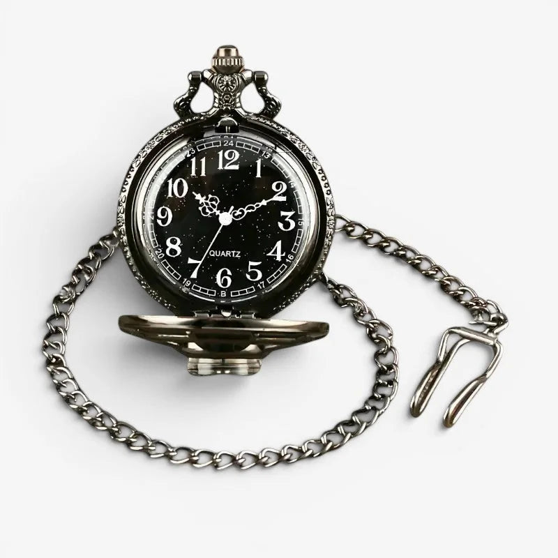 Black compass pocket watch antique style silver tone with black dial white arabic numerals and ornate case