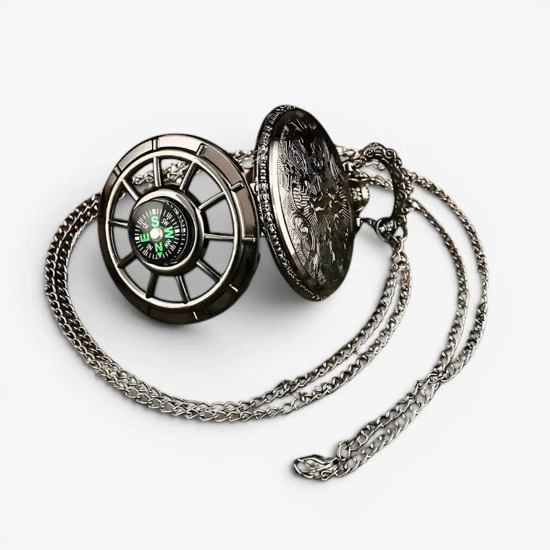Black compass pocket watch with silver-toned metal compass face ornate engraved lid and matching chain