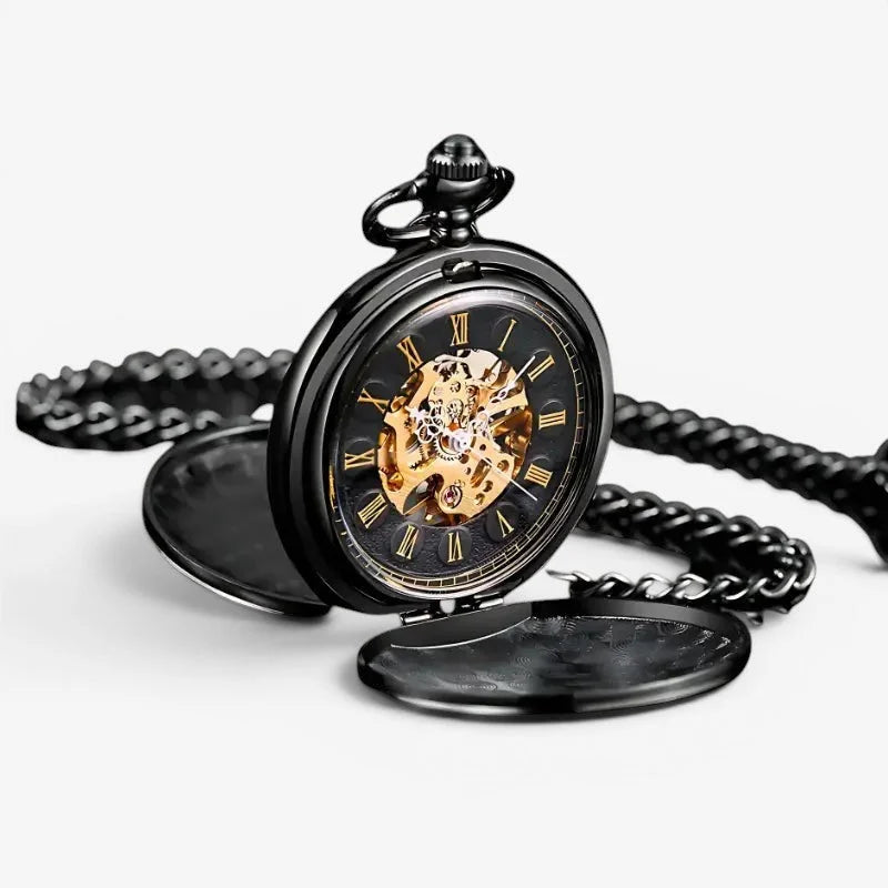 Black dial mechanical pocket watch with gold-toned gears roman numerals and matching black chain