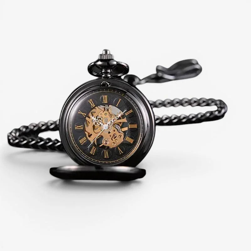 Black dial mechanical pocket watch with gold toned visible movement roman numerals and matching black chain