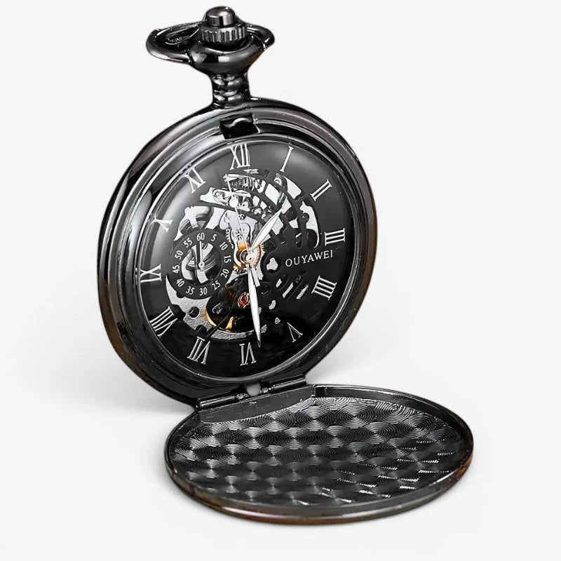 Black dial pocket watch with a black skeleton design, roman numerals, visible gears, and textured underside pattern