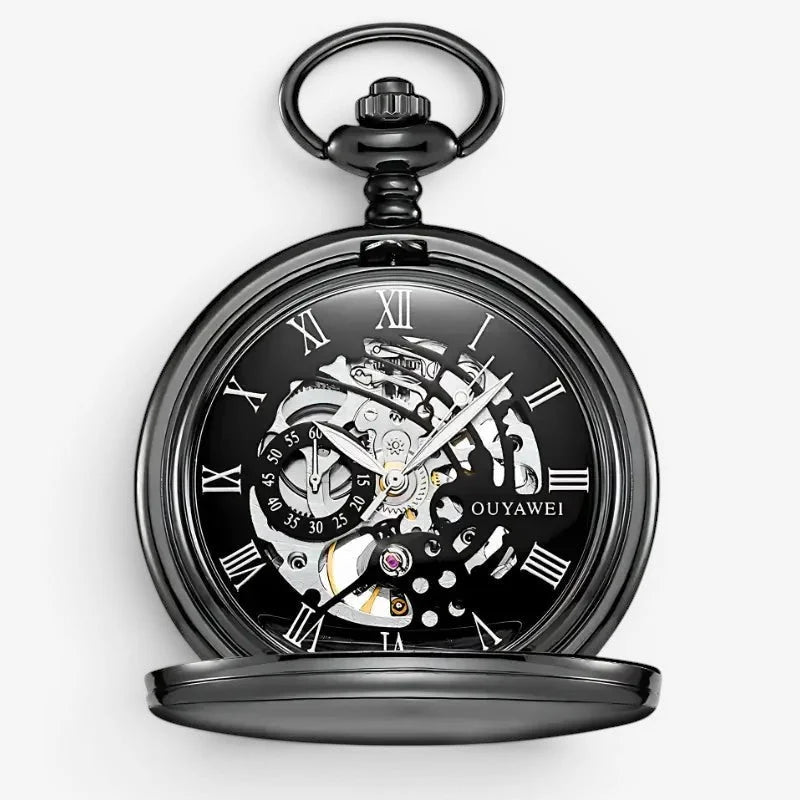 Black dial pocket watch with black skeleton design roman numerals and visible internal gears on the front face