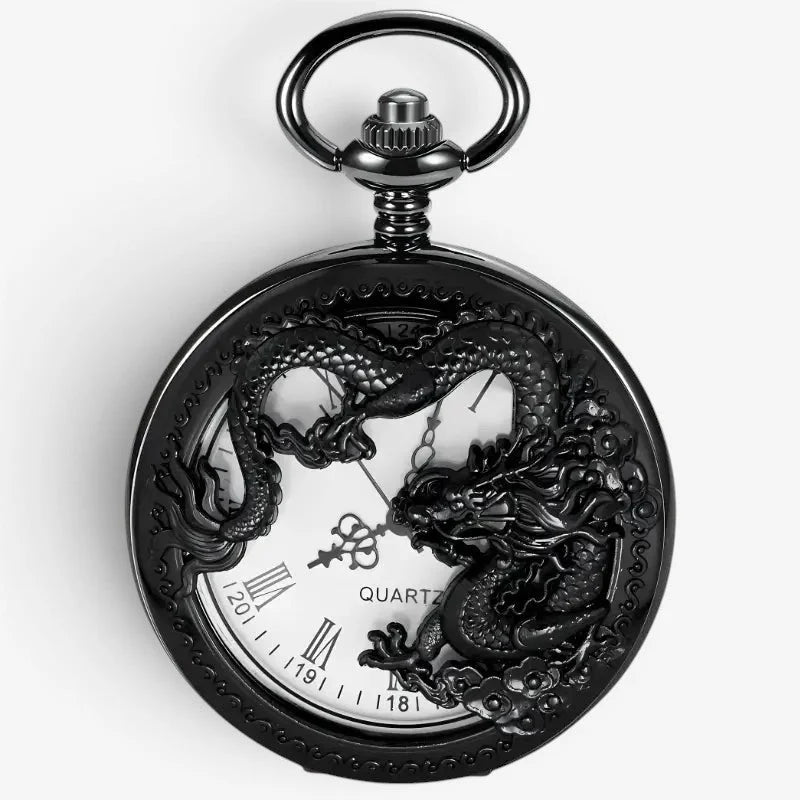 Black dragon pocket watch featuring an ornate black design with a detailed dragon, roman numerals, and quartz movement