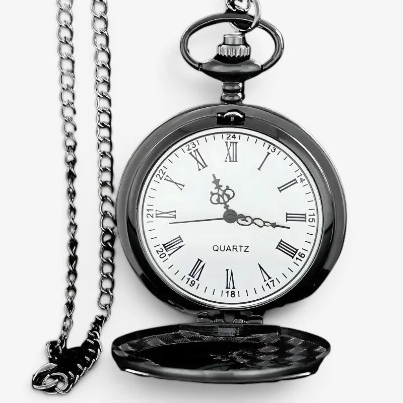 Black dragon pocket watch with a black case white face roman numerals and a silver chain for stylish timekeeping