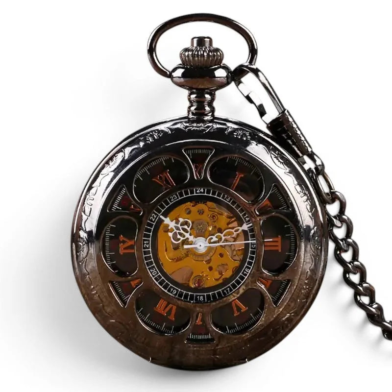 Black flower skeleton pocket watch with antique bronze finish golden gearwork and roman numeral black subdials with chain