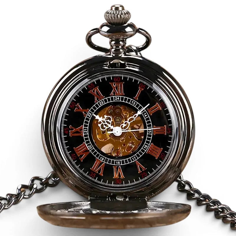 Black flower skeleton pocket watch with visible gold mechanical movement red roman numerals and dark chain