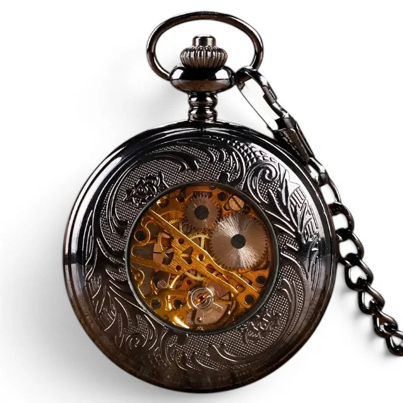 Black flower skeleton pocket watch with ornate black casing, visible golden gears, and attached chain