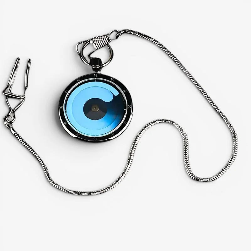 Silver-toned black futuristic pocket watch with a striking blue swirling dial and black bezel for stylish timekeeping