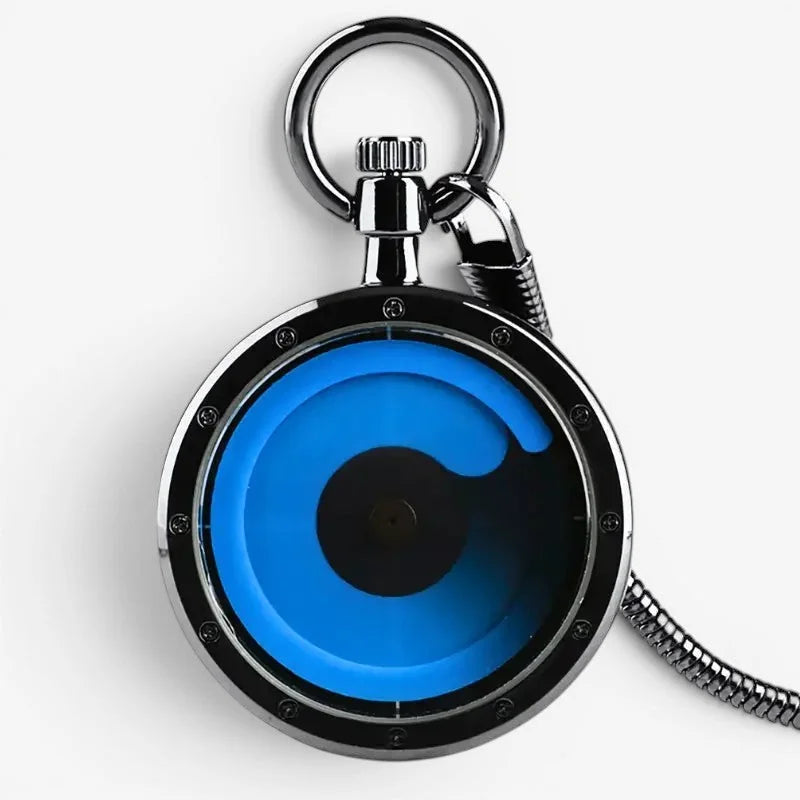 A sleek black futuristic pocket watch with a vibrant blue and black face in polished silver-toned metal