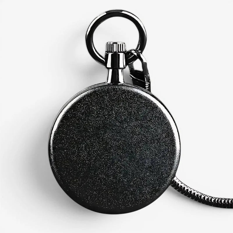 Black futuristic pocket watch with textured black case silver-toned metal clasp and key ring for secure carrying