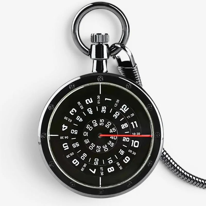 Black modern pocket watch with black and silver spiral dial design bold white numerals and red second hand