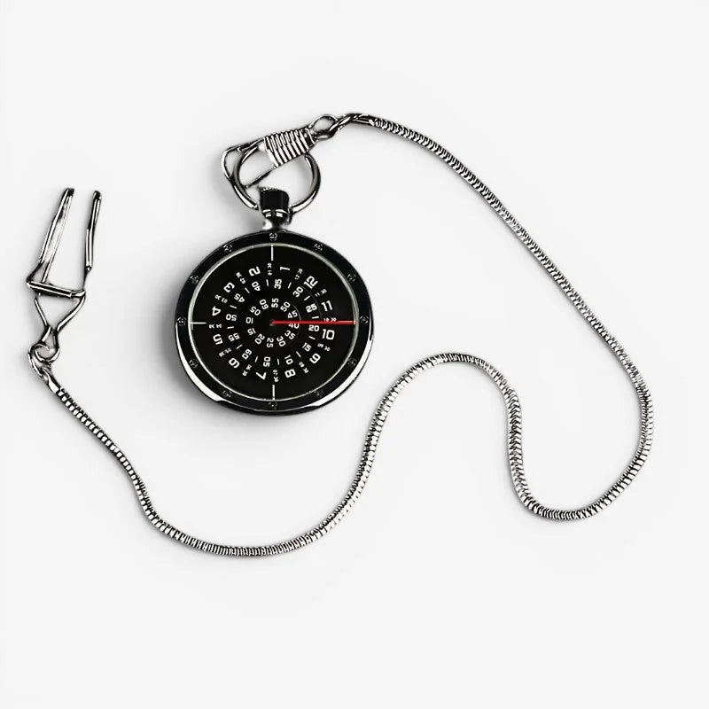 Black modern pocket watch with silver-toned metal, black face, white numerals, red second hand, and coiled chain