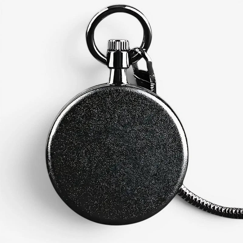 Black modern pocket watch with textured black case silver-toned metal clasp and key ring for secure carrying