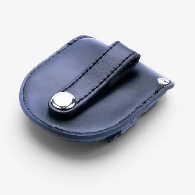Dark blue leather black pocket watch case with silver snap button and stitched edges shown from the back side