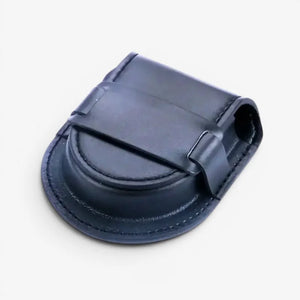 Black pocket watch case made of black leather with flap closure and stitched edges