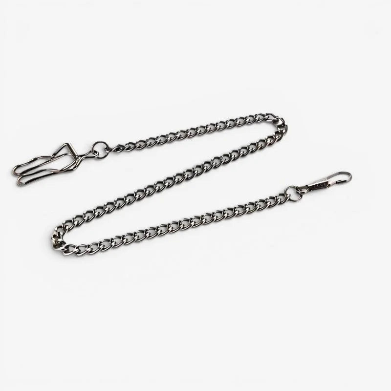 Black pocket watch chain with sleek dark metal finish classic link design and two distinct clasps at each end