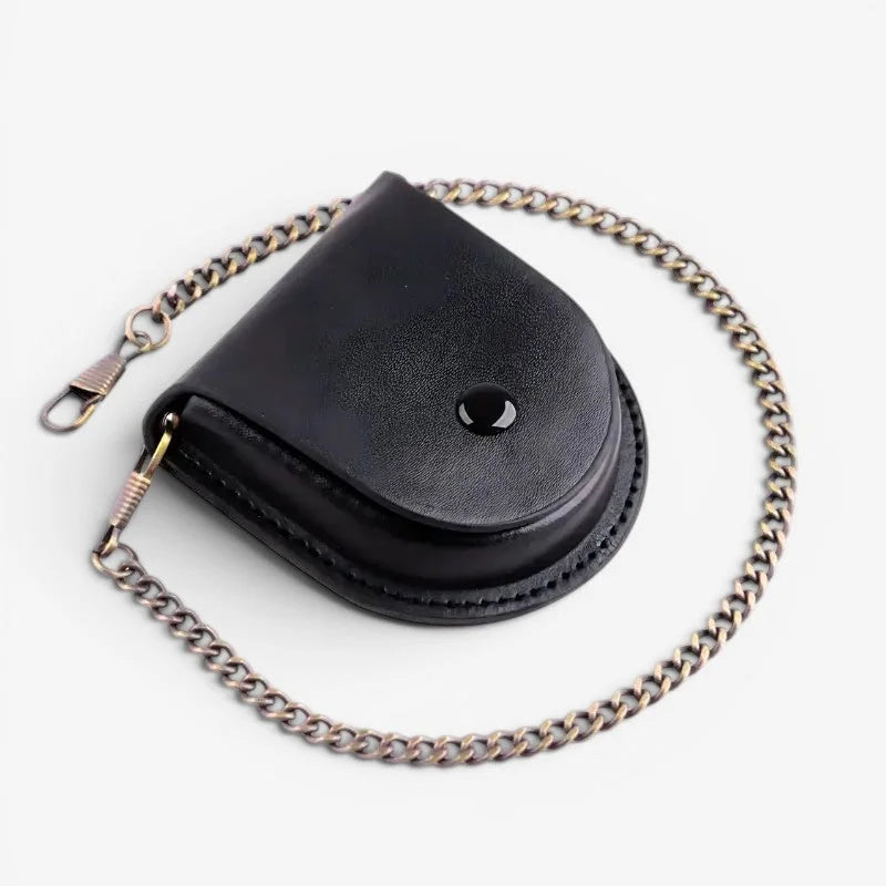 Black pocket watch pouch made of leather with a silver-toned metal clasp and chain for secure carrying