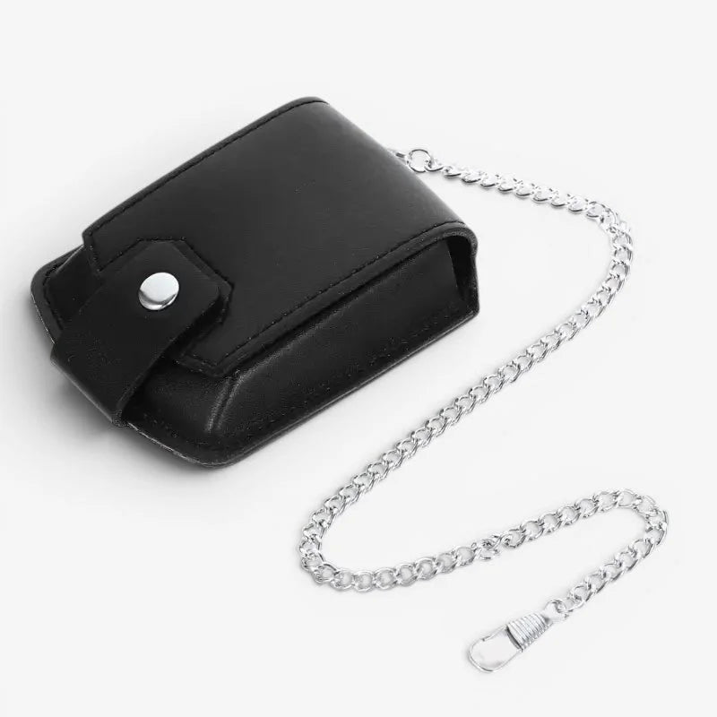 Black pocket watch storage case in black leather with silver-toned chain and snap closure for secure carrying