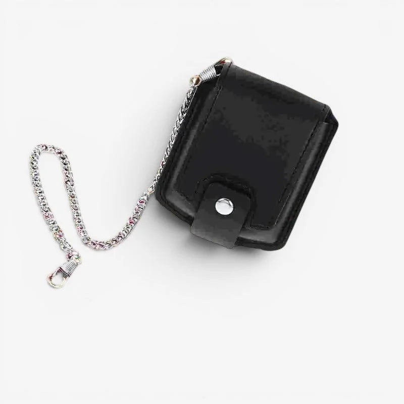 Black pocket watch storage case made of black leather with a silver metal clasp and braided chain for secure carrying