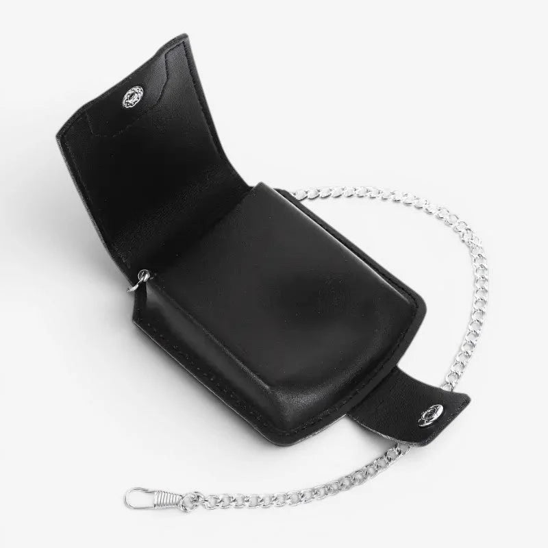Black pocket watch storage case made of black leather with silver chain and snap closure for secure carrying
