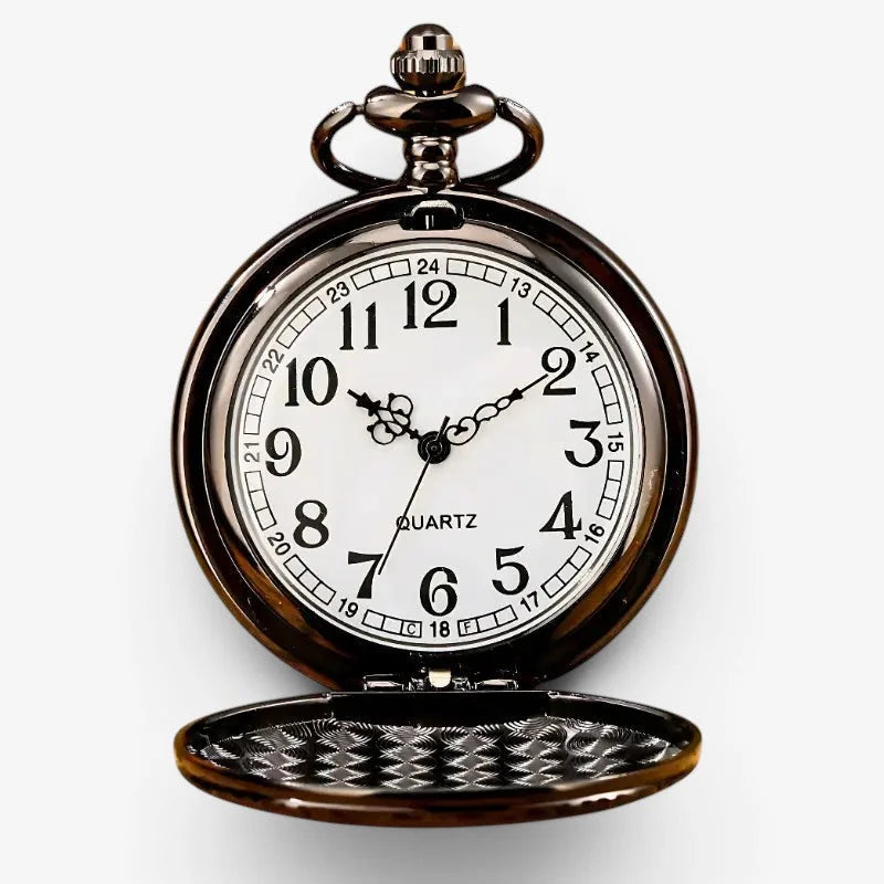 Black quartz pocket watch with antique bronze finish, white face, black arabic numerals and quartz label