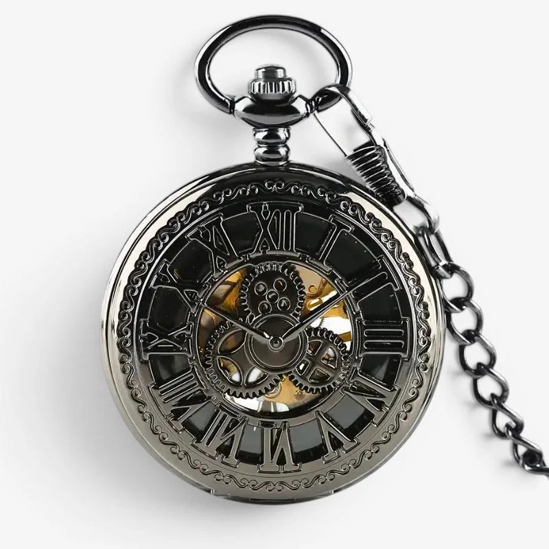 Black roman numeral mechanical pocket watch with visible golden gears and a decorative chain in antique style
