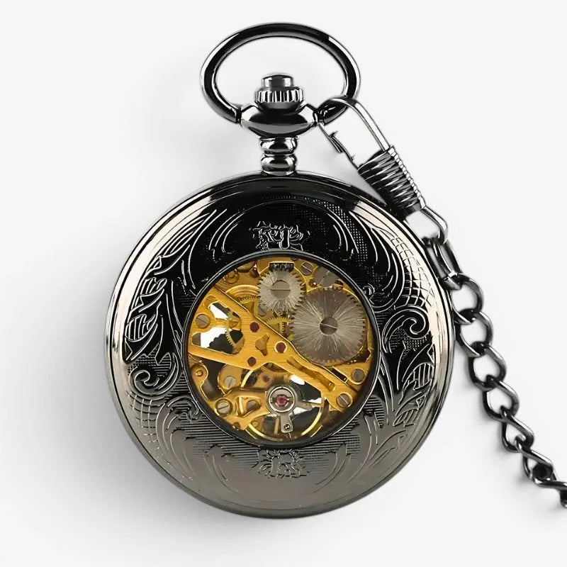 Black roman numeral mechanical pocket watch with ornate design gold-toned gears and silver chain visible