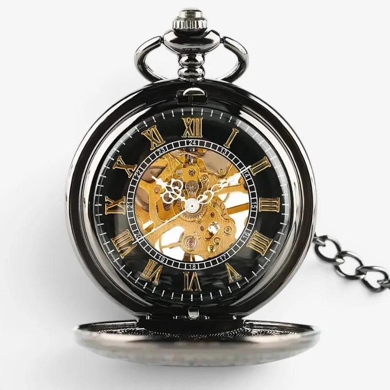 Black roman numeral mechanical pocket watch with gold-toned skeletonized movement and attached chain