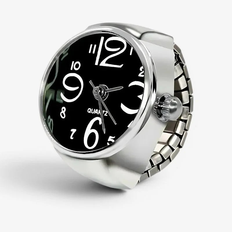 Black silver ring watch with silver-toned adjustable band black dial bold white numerals and quartz branding
