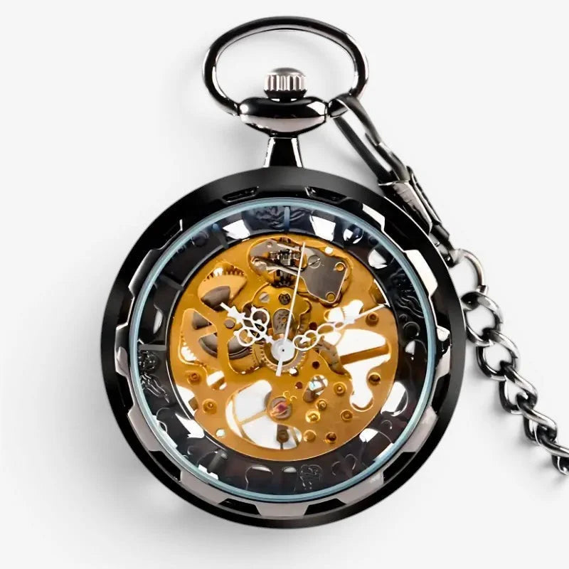 Black skeleton pocket watch with visible golden gear mechanism silver hands and matching black chain