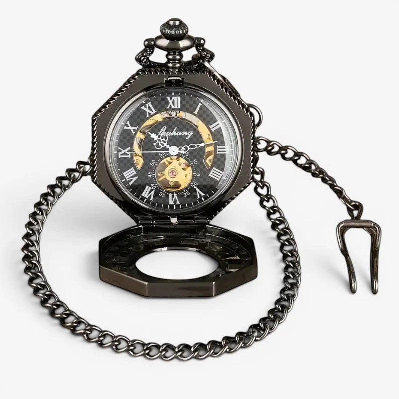 Black steampunk pocket watch with black octagonal case roman numerals exposed gold-toned gears and matching chain