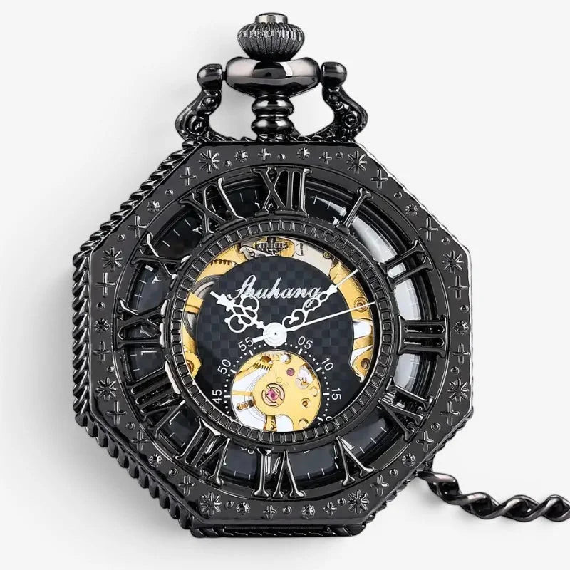Black steampunk pocket watch with ornate black case gold-toned gears visible through glass and twisted chain