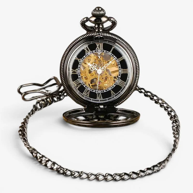 Black sun pocket watch antique style with black case roman numeral dial and visible gold-toned internal gears