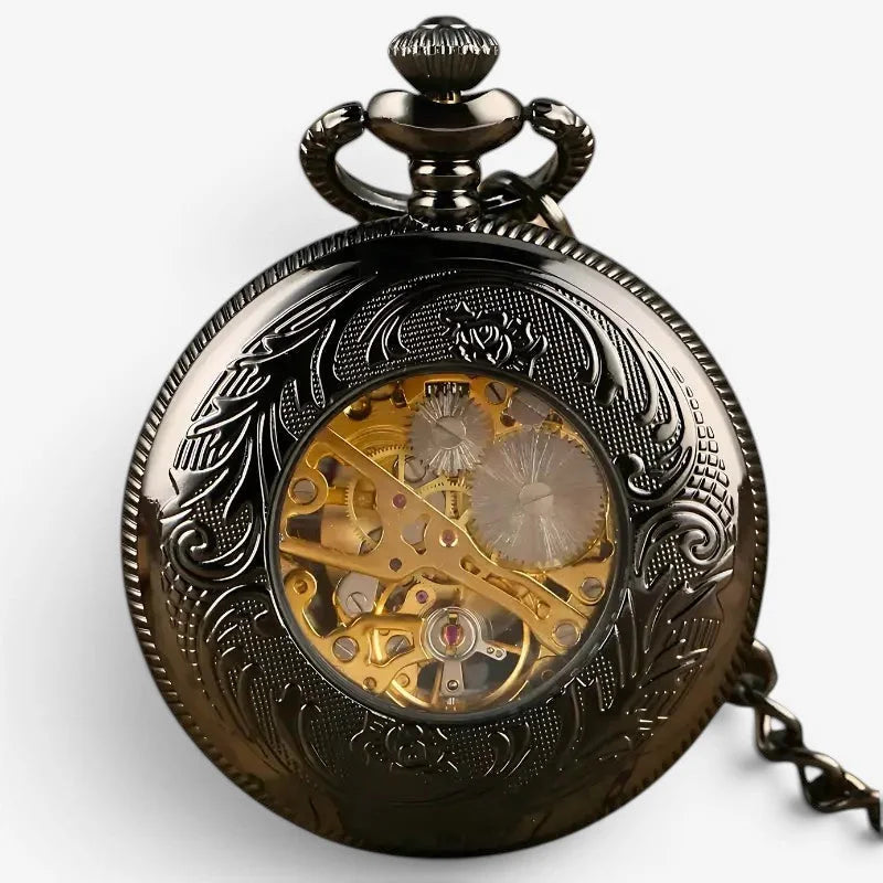 Black Sun pocket watch antique-style black pocket watch with intricate floral engraving and visible golden movement