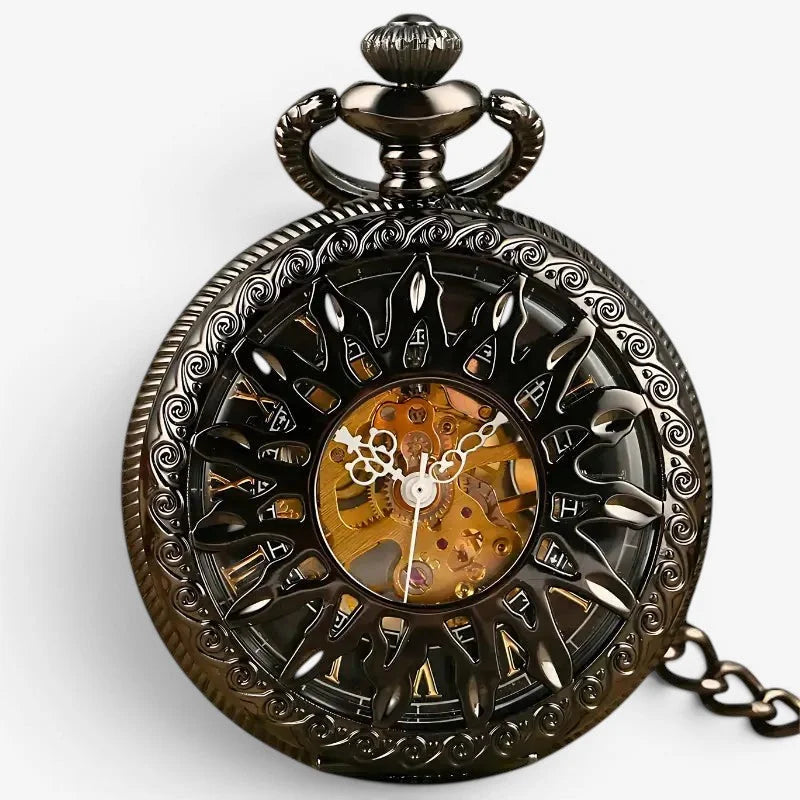 Black sun pocket watch antique style black metal with intricate metalwork exposed golden gears and roman numerals face