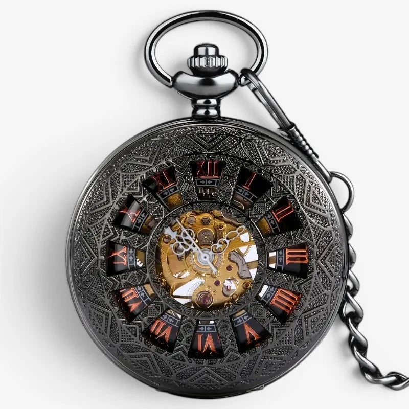Black vintage pocket watch with ornate design, exposed golden gears, and roman numerals on decorative dial