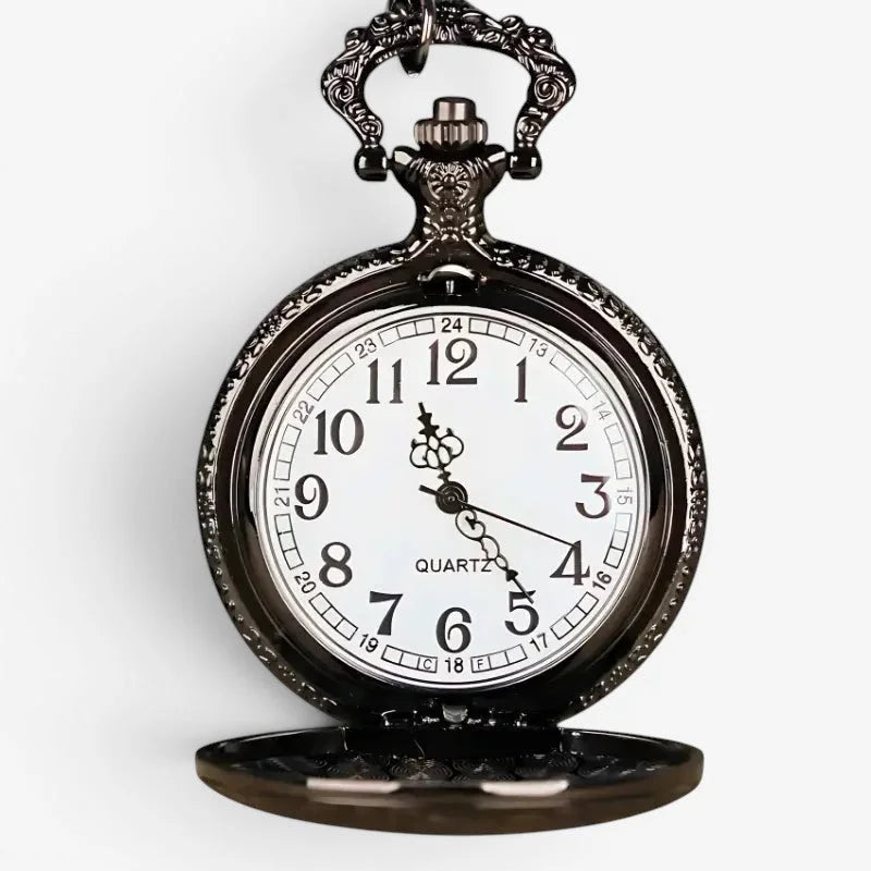 Black wolf motif pocket watch with ornate silver-toned metal casing and white face featuring bold black numerals