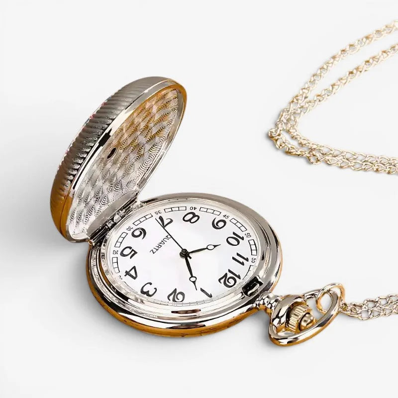 Blue flower pocket watch silver and gold toned with white face black arabic numerals and ornate chain attached