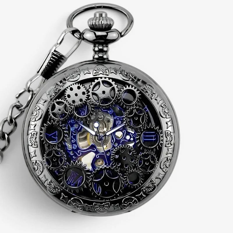 A sleek black blue pocket watch with exposed intricate gears and a vibrant blue inner dial in metal finish