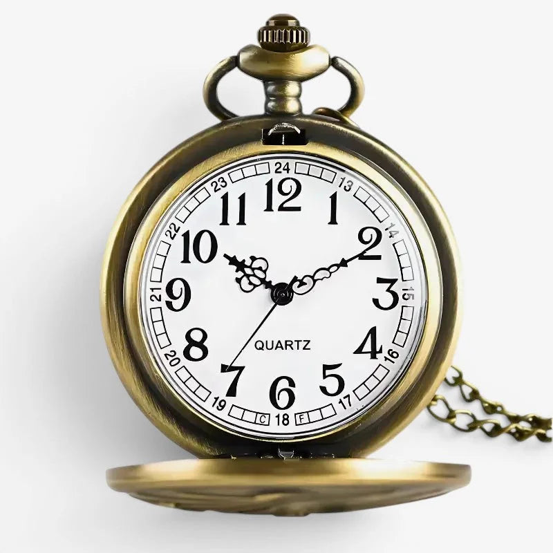Antique brass-finished boat pocket watch with white dial black Arabic numerals hands and attached chain