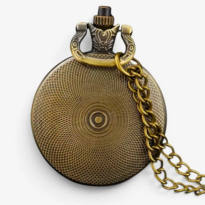 Boho pocket watch antique brass finish with intricate mesh pattern and ornate hinged clasp on matching chain