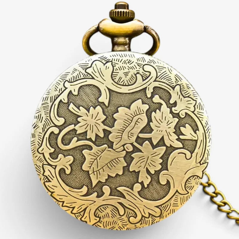 Bronze butterfly pocket watch made of antique brass with intricate floral engraving and a matching chain