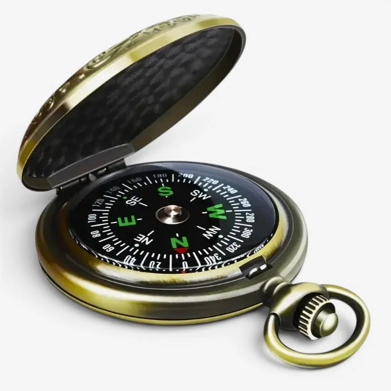 Bronze compass pocket watch with antique brass finish black dial green directional markers and silver needle